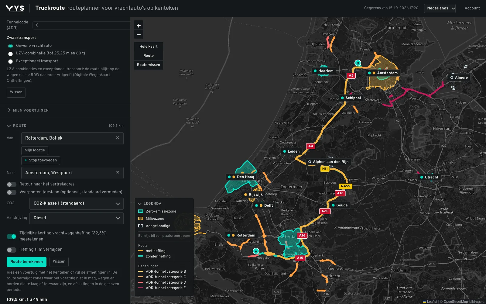 Route met tunnelcode C van de Botlek naar Amsterdam Westpoort, met de laag ADR-tunnels in kleuren per categorie