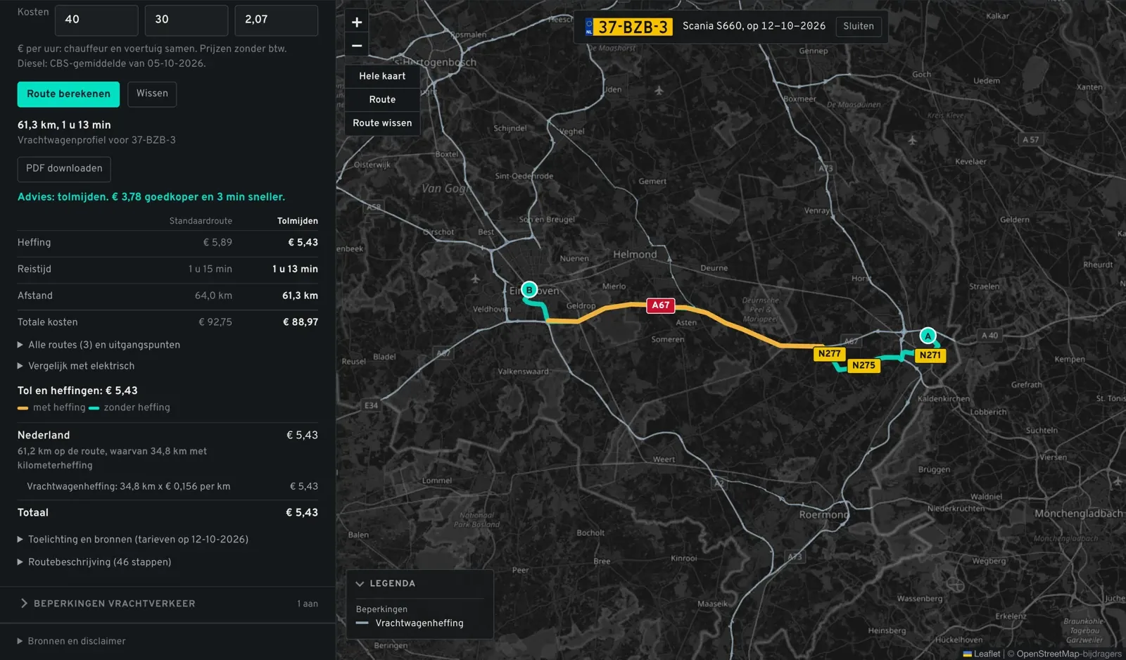 De vergelijking van de standaardroute en de route met minder snelweg van Venlo naar Eindhoven, met heffing, reistijd, afstand en totale kosten