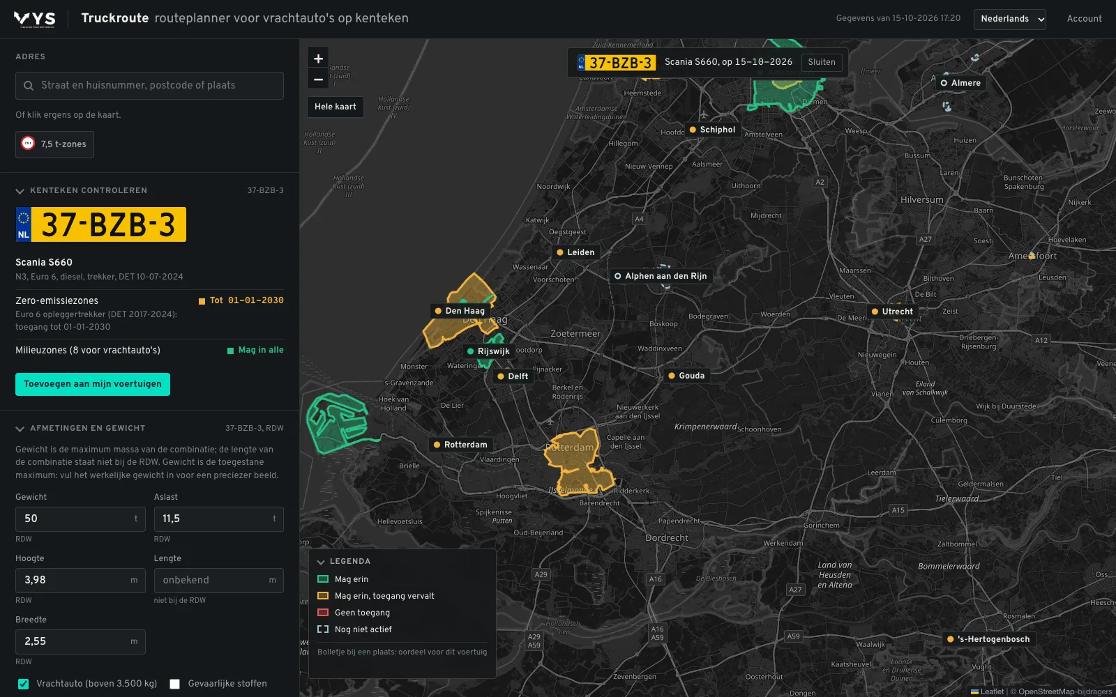 De kaart gekleurd voor een Scania-trekker: per zone mag erin, mag erin tot een datum of geen toegang
