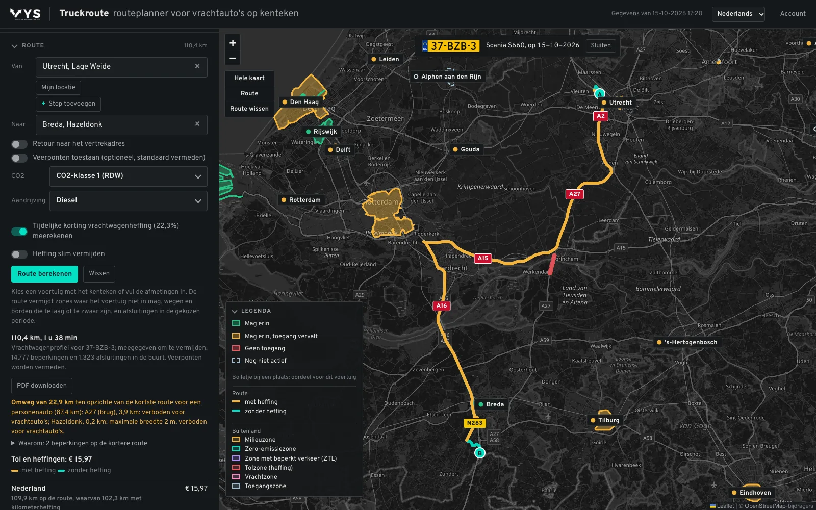 Route van Utrecht (Lage Weide) naar Breda (Hazeldonk) voor een trekker met oplegger, om de voor vrachtverkeer gesloten A27-brug heen via de A15 en de A16